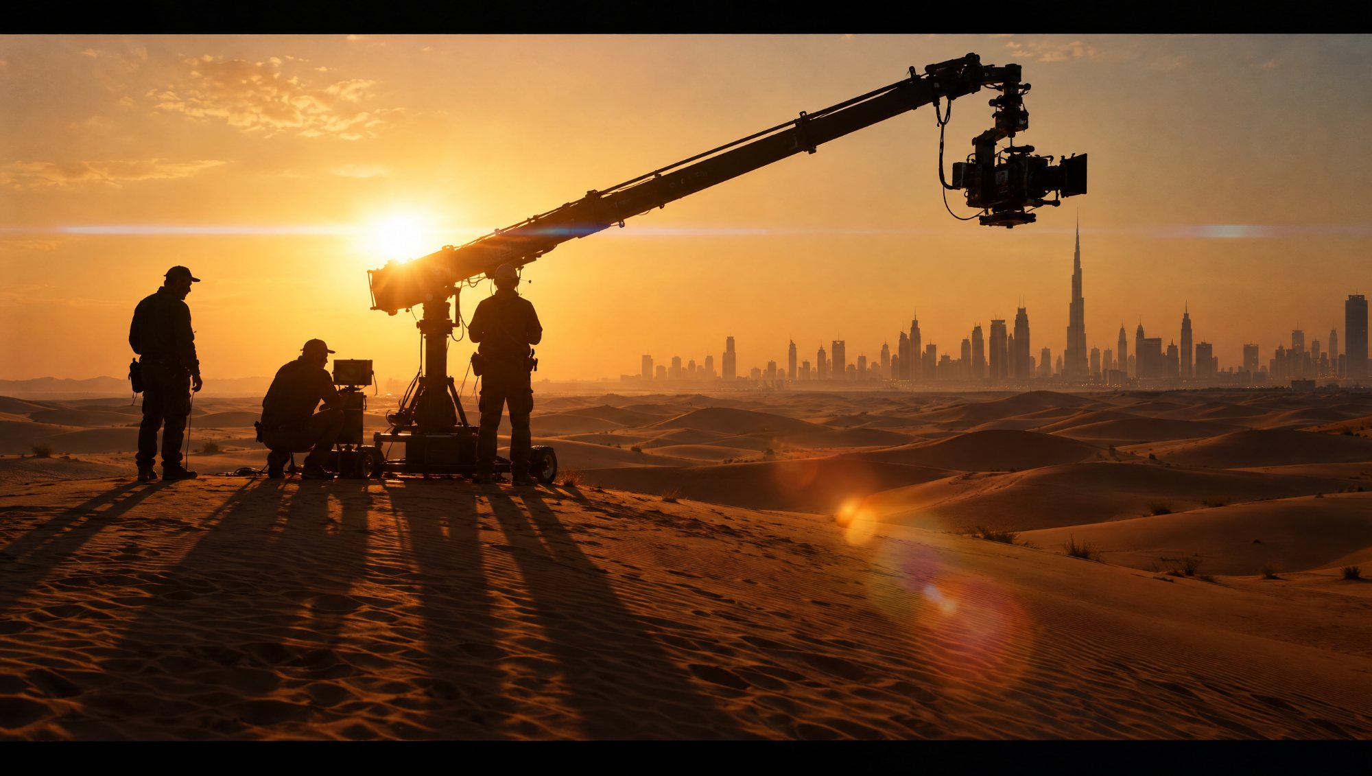 AI-made image: a film crew with a camera crane in the Dubai desert at sunrise