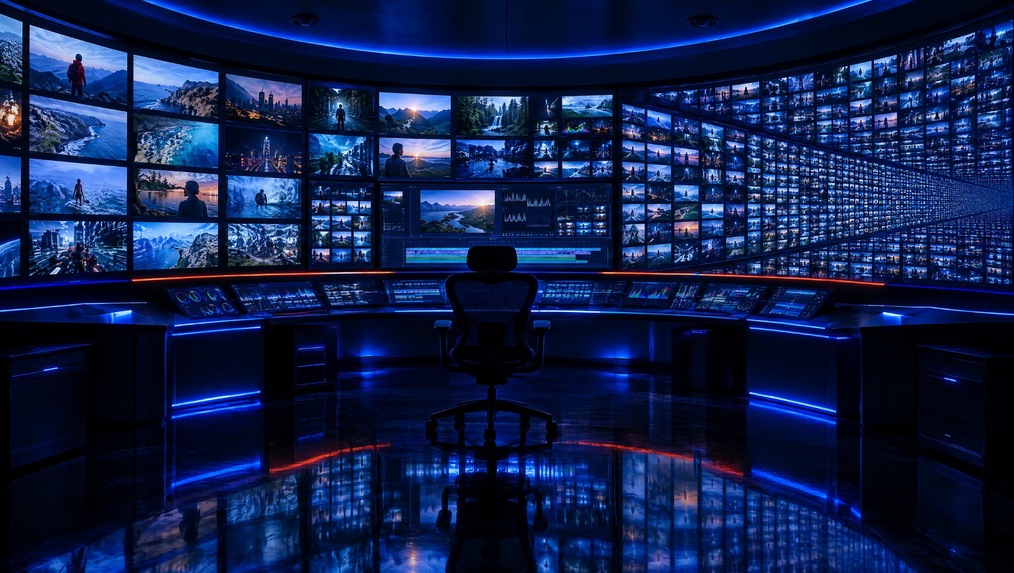 AI-made image: a wall of screens in an edit suite