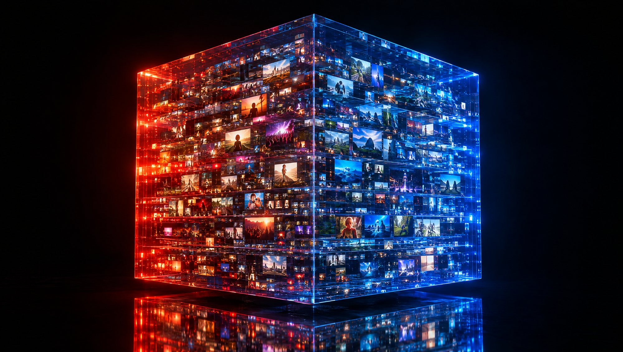 AI-made image: a glass cube holding thousands of glowing frames, lit vermilion and blue