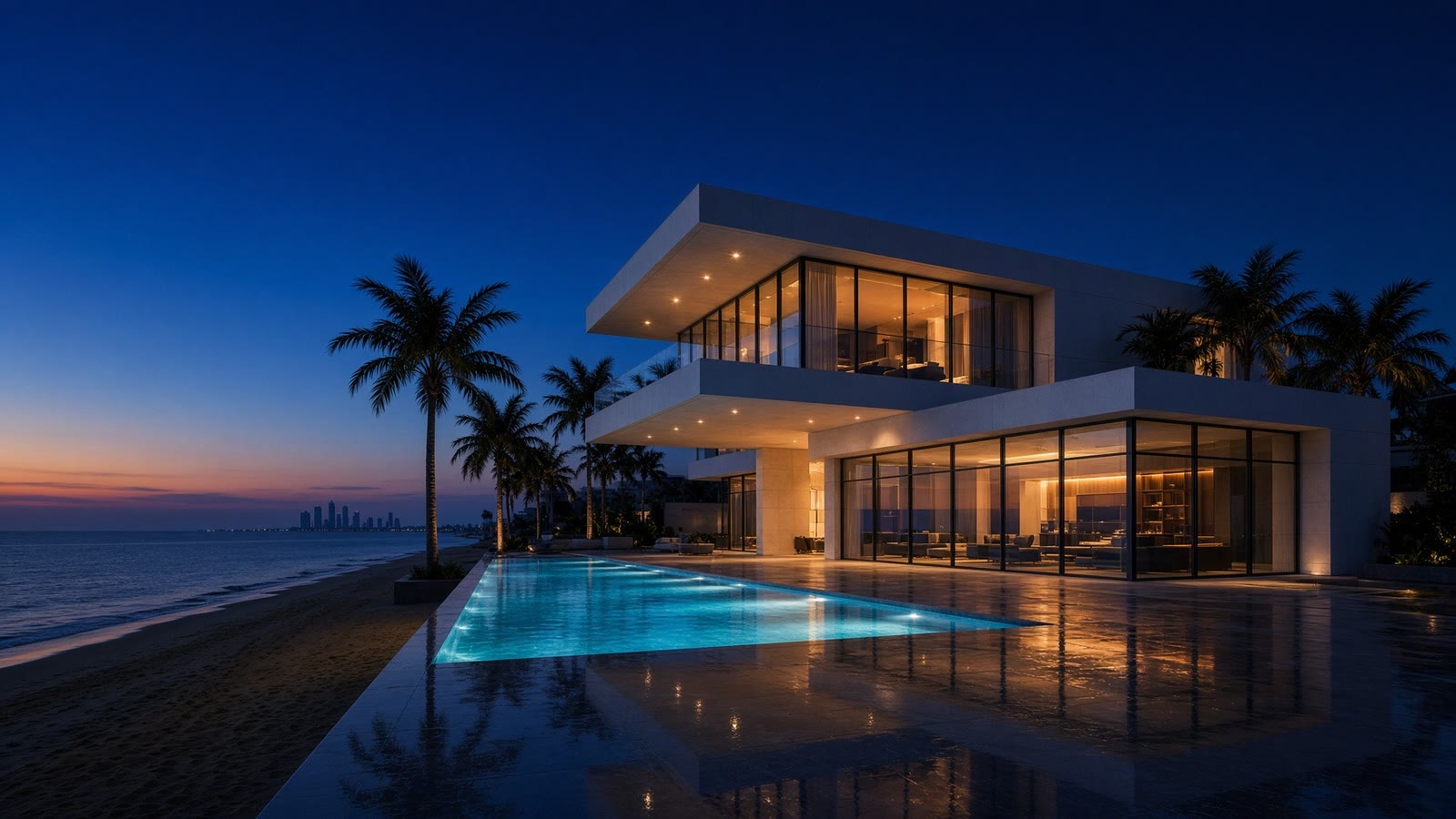 AI-made sample: a beachfront villa at blue hour