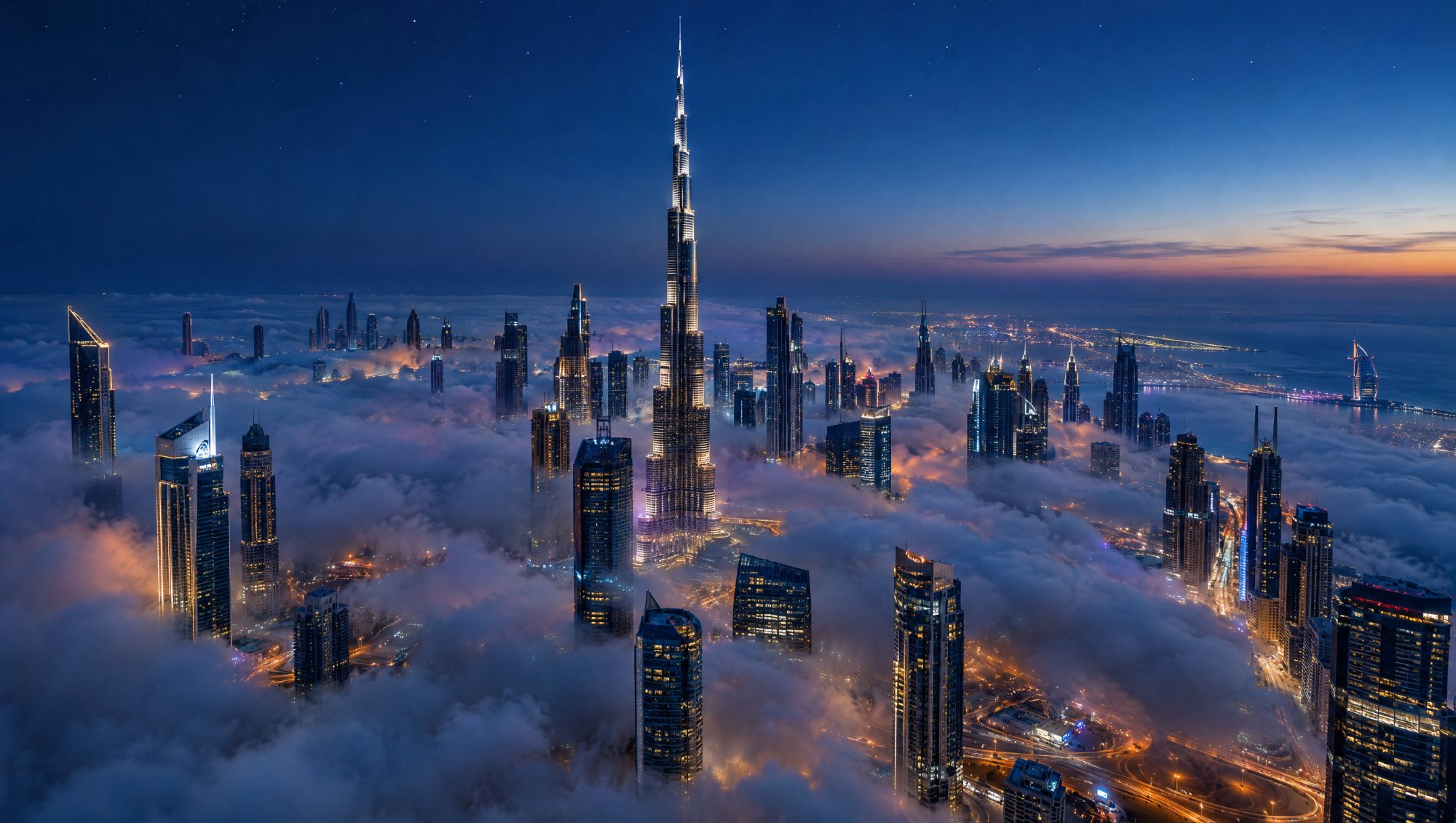 AI-made image: Dubai skyline above the clouds