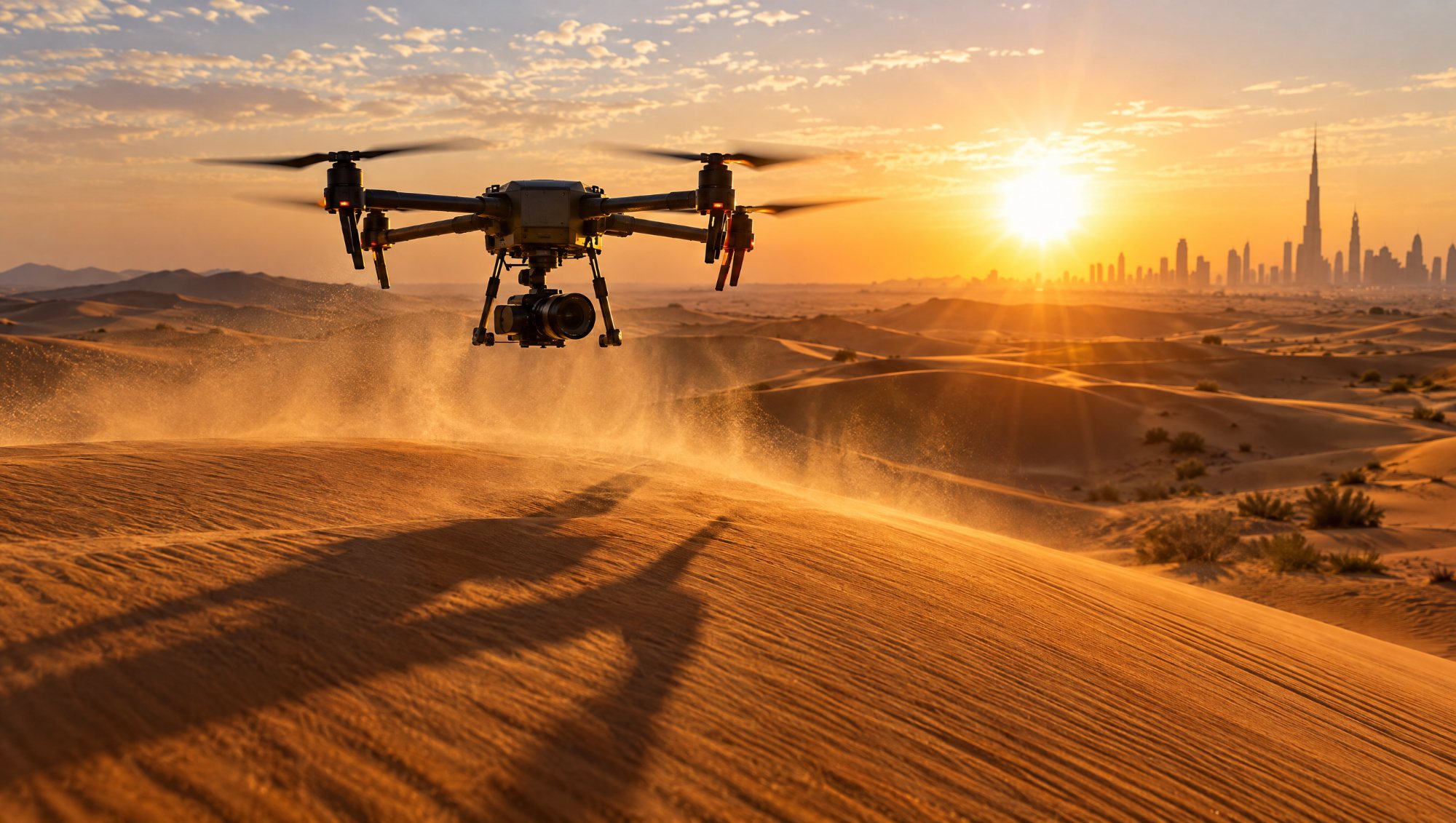 AI-made image: a cinema drone over desert dunes at sunrise