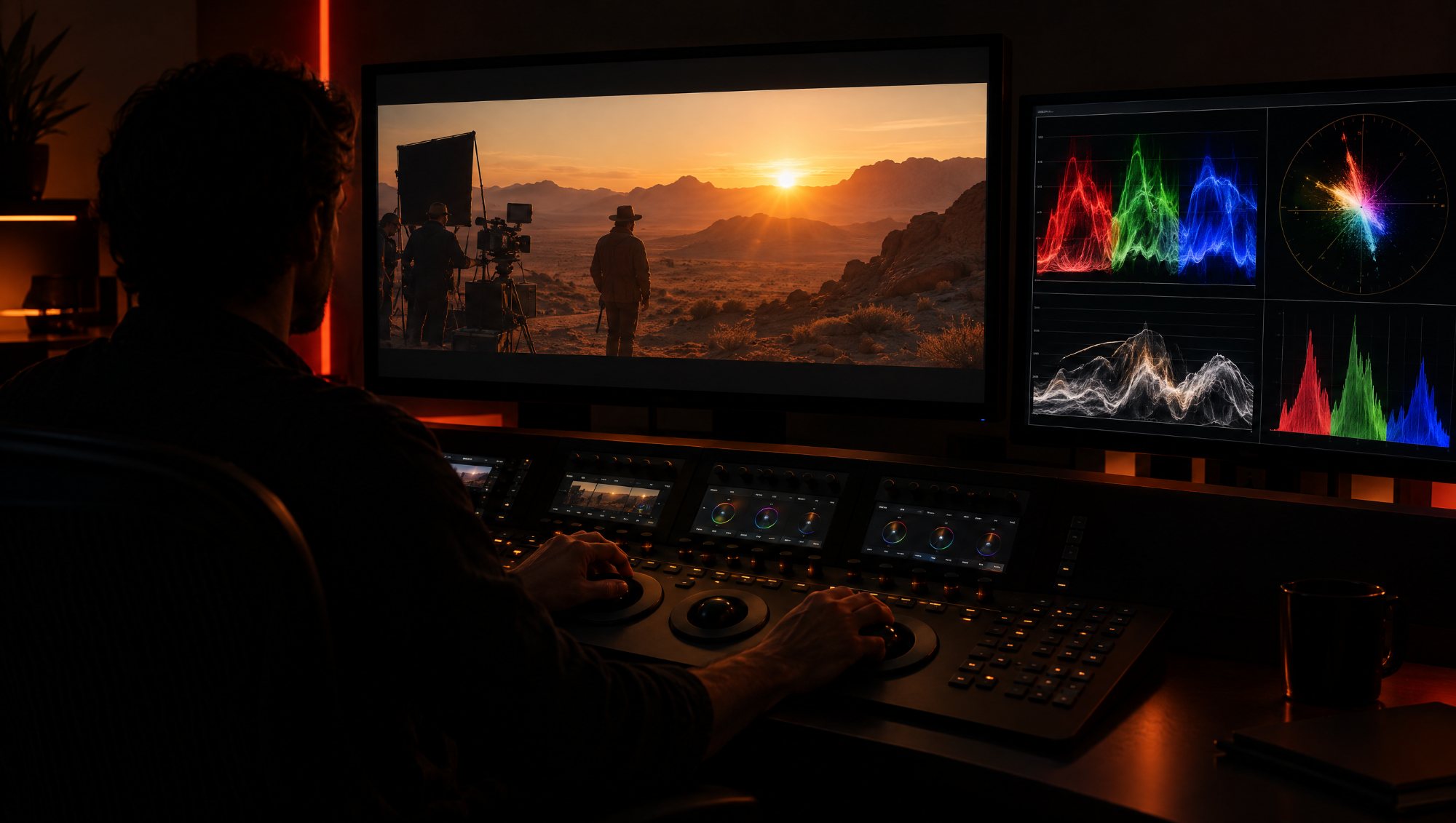 AI-made image: a colourist grading desert footage at a console in a dark edit suite
