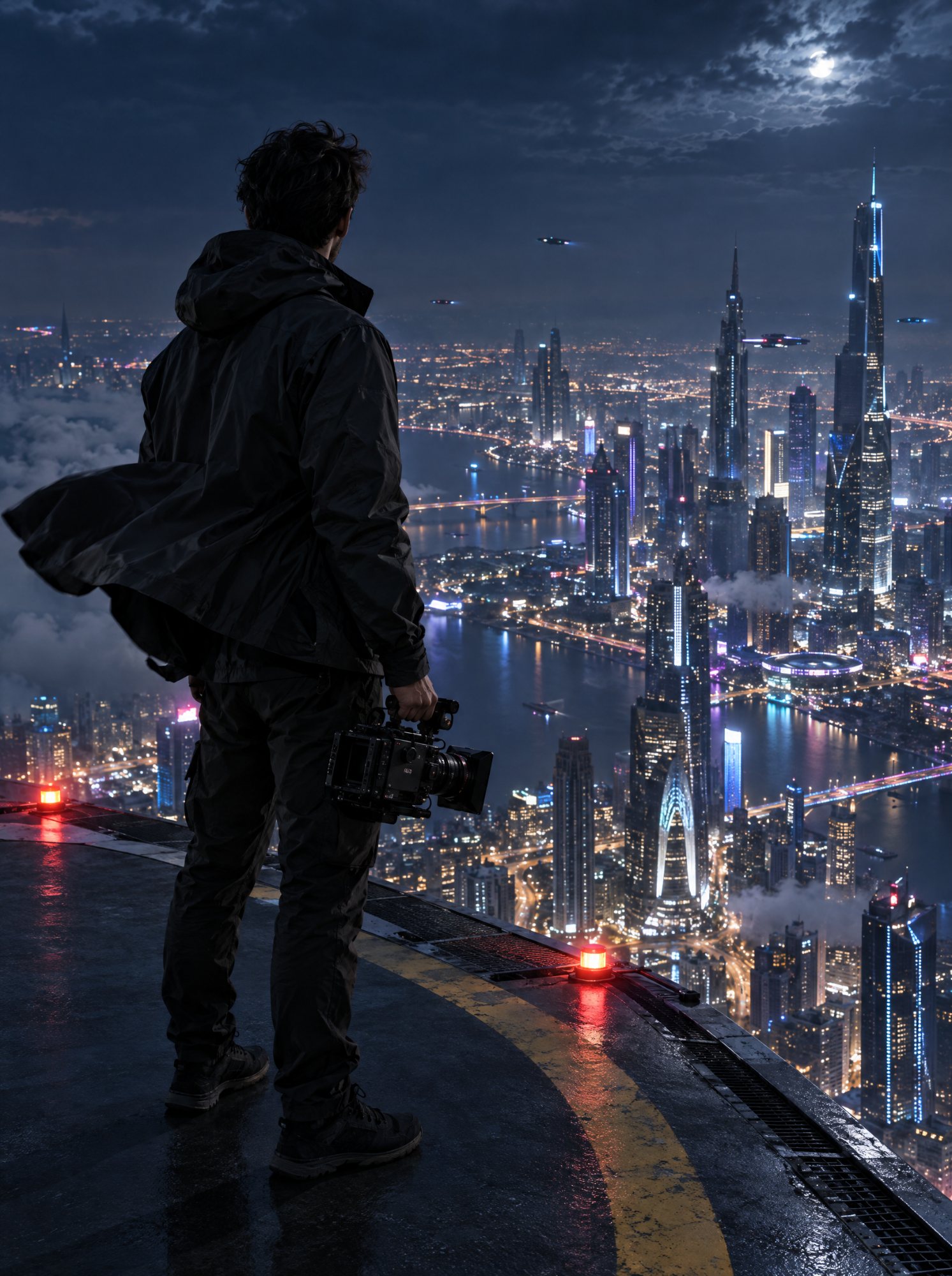AI-made image: a filmmaker with a camera on a rooftop at night