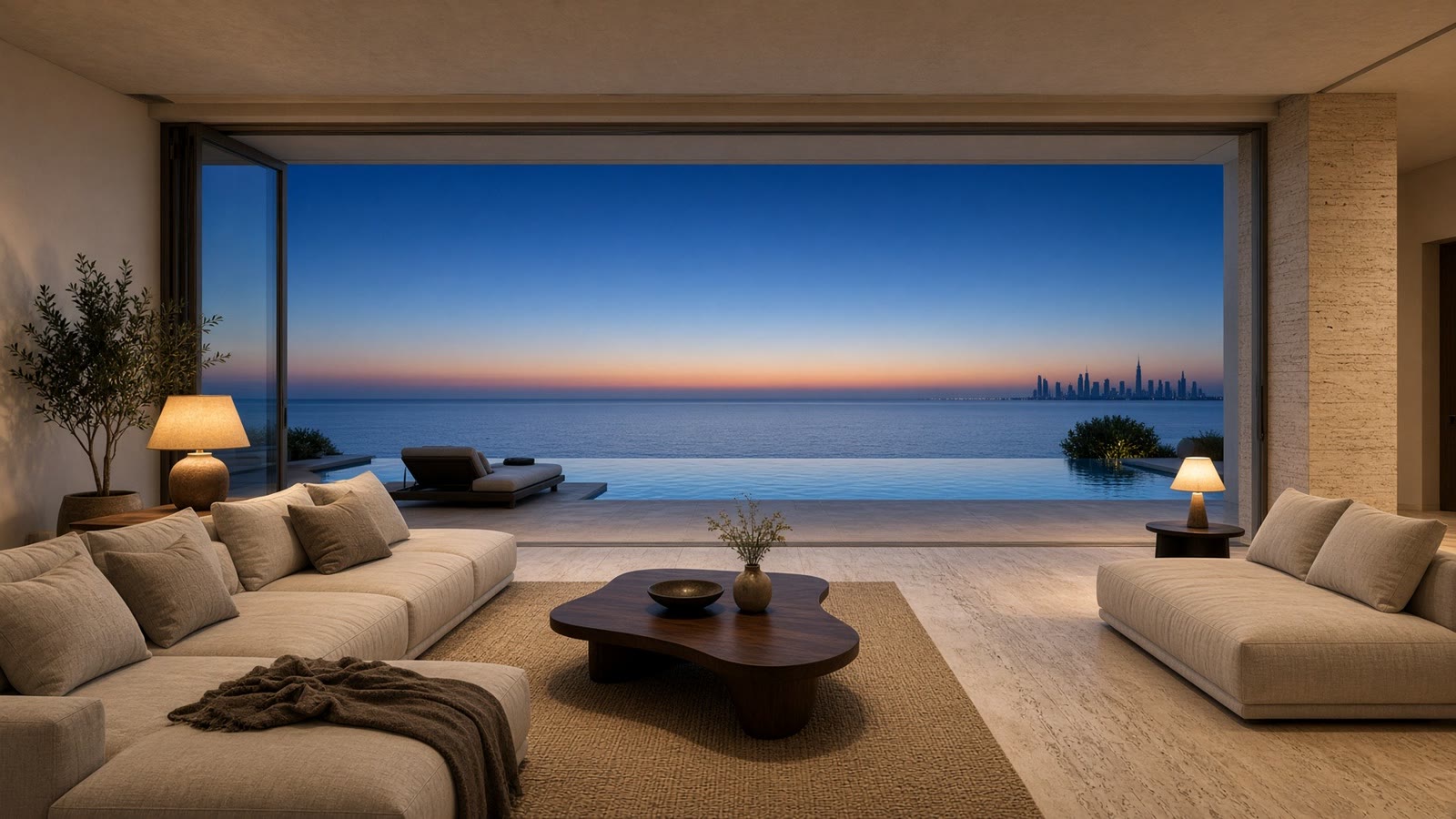 AI-made sample: the villa living room looking out to sea at dusk