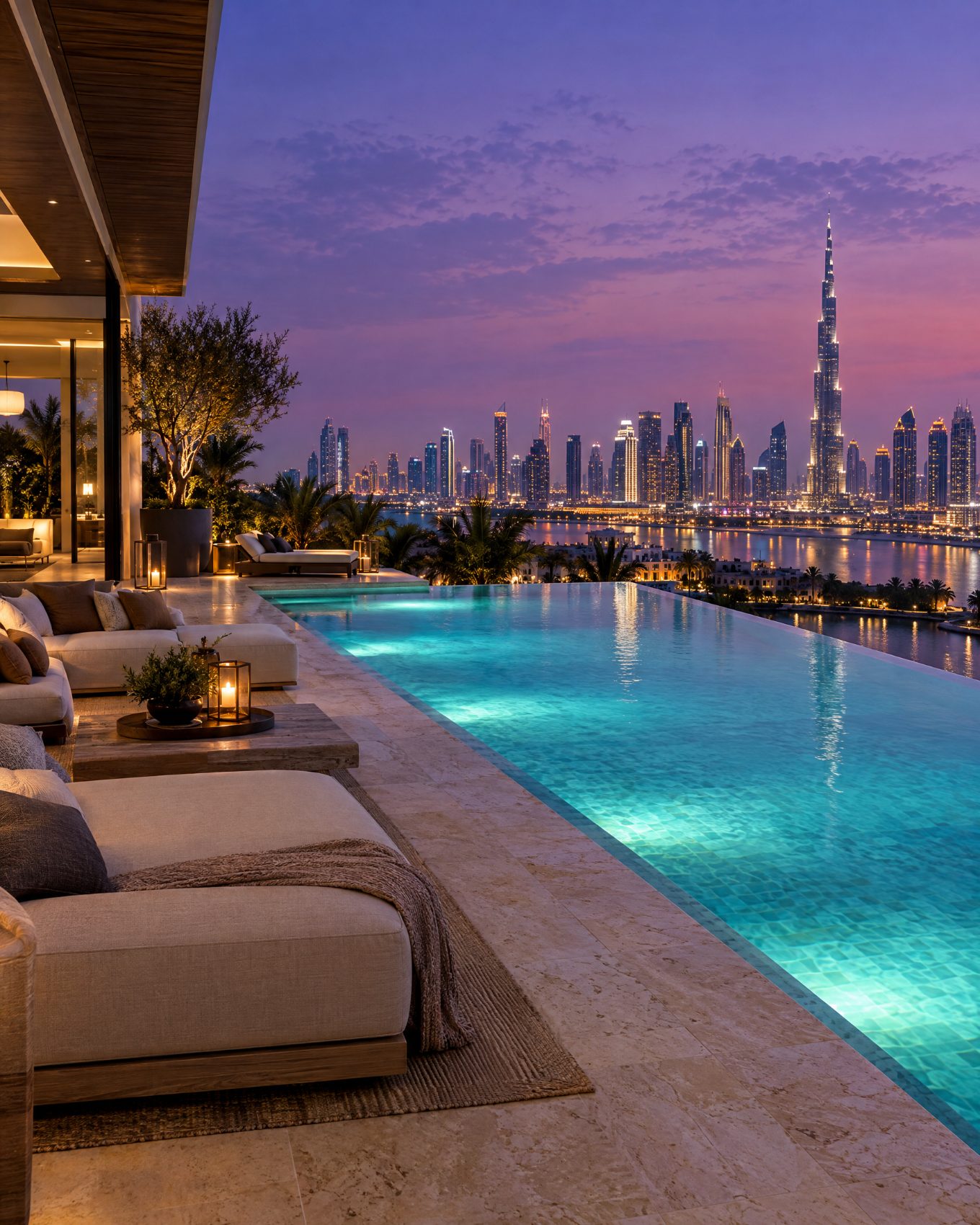AI-made image: a rooftop villa pool at dusk