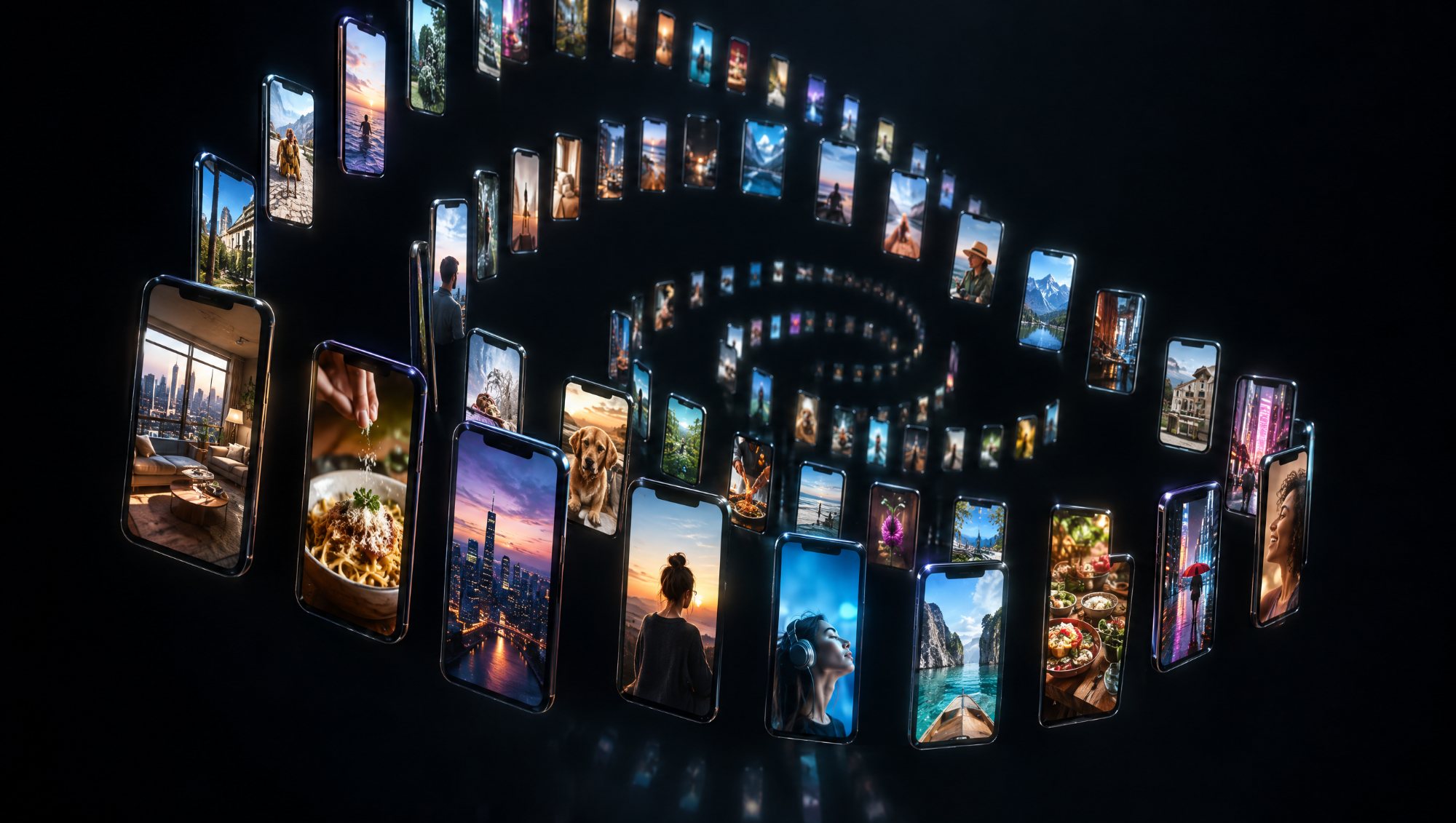 AI-made image: a spiral of phone screens