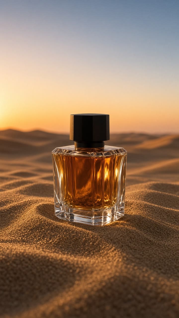 AI-made sample: a perfume bottle on desert sand