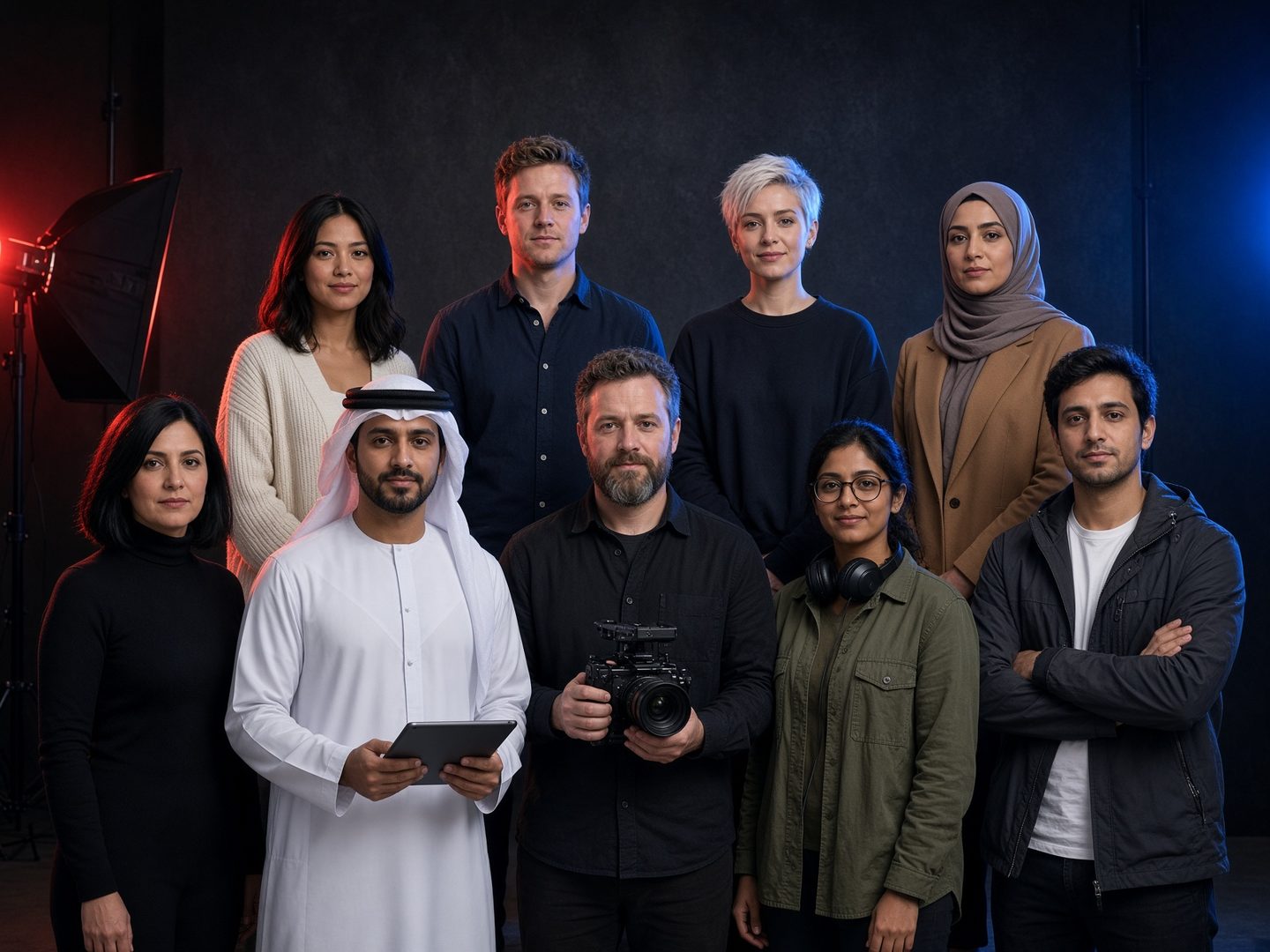 AI-made group photo of the nine Polarity team roles in a dark studio