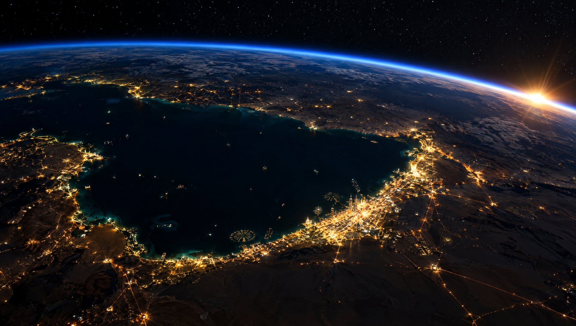 AI-made image: the Arabian Gulf at night seen from orbit, the UAE coast glowing